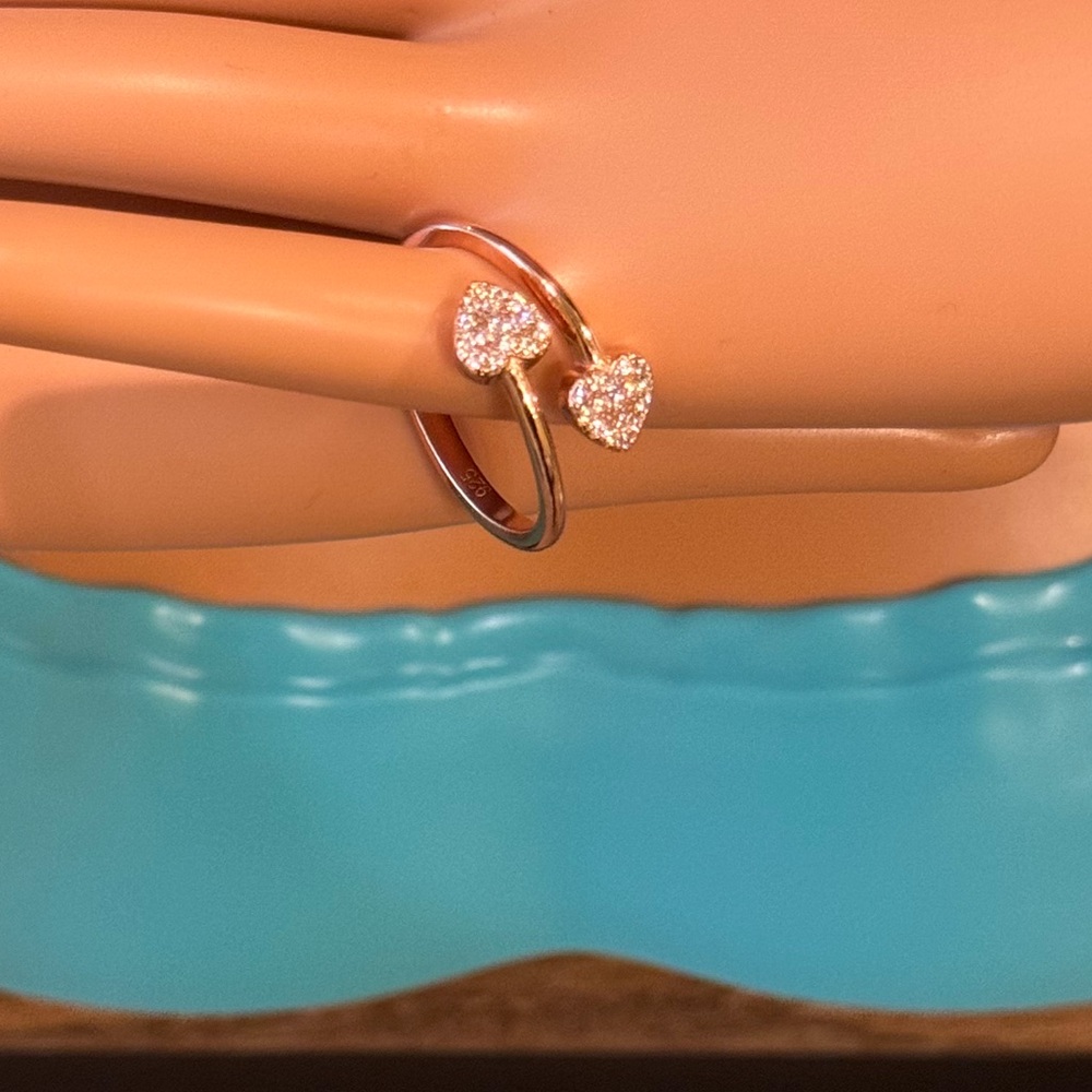 925 Sterling Silver Rose Gold-Tone Adjustable Open Heart Ring w Clear CZ Stones